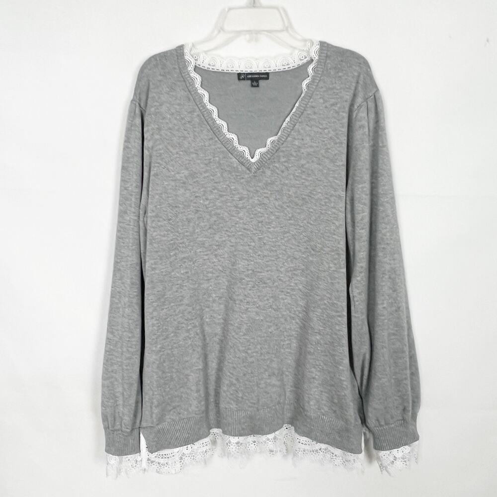Adrianna Papell Heathered Gray Pullover Sweater Size Large Crochet Trim